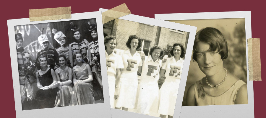 Three black and white photos of various women, on a garnet background