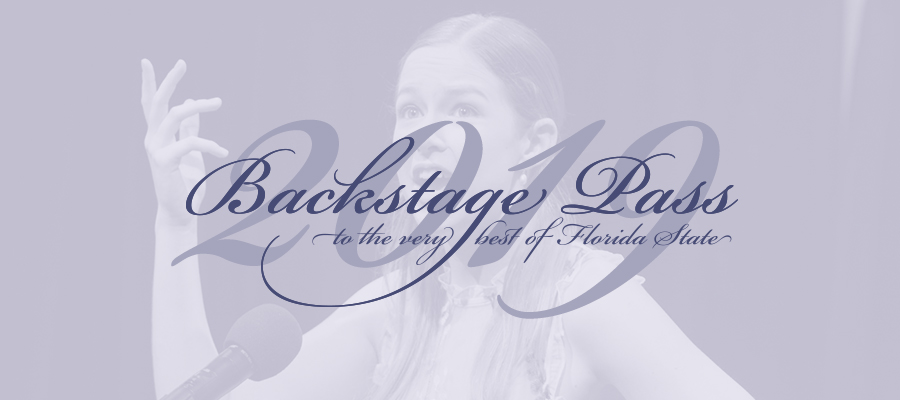 Purple scripted text reading "Backstage Pass to the very best of Florida State 2019" on top of a transparent lavender background with a photo of a woman singing