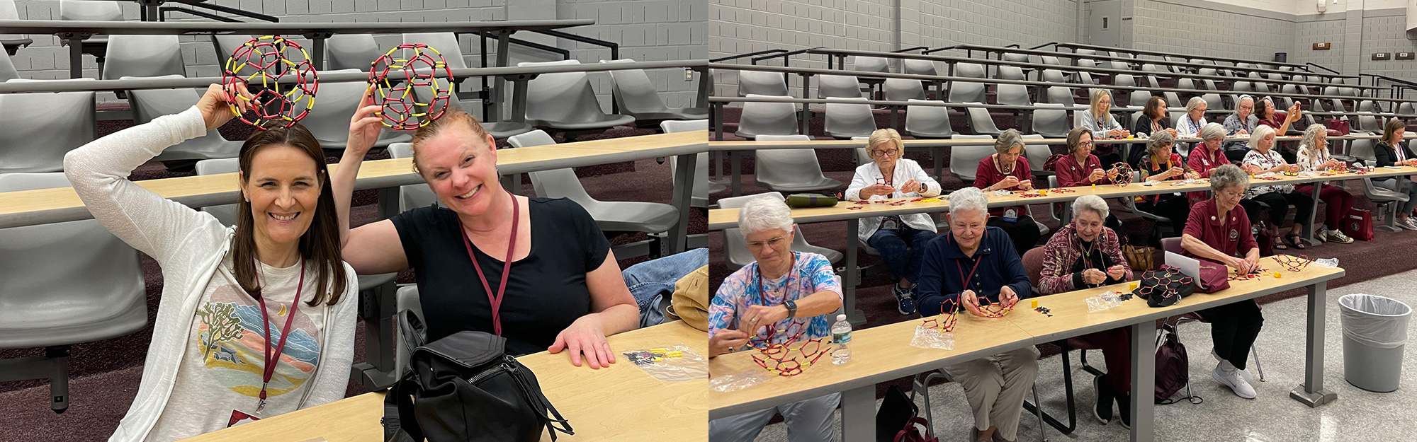 Attendees create model buckyballs – molecular structures known for their strength in building materials.