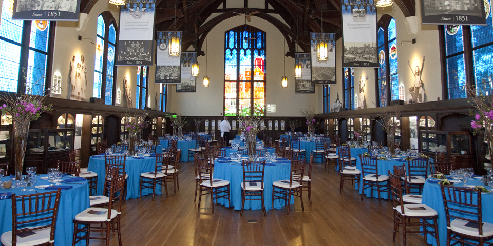 An empty dining room set up for an event