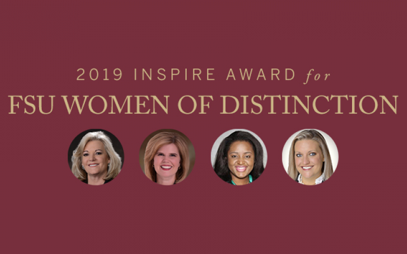 Gold text reading "2019 Inspire Award for FSU Women of Distinction" on a garnet background above headshots of four women