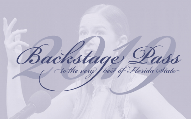 Purple scripted text reading "Backstage Pass to the very best of Florida State 2019" on top of a transparent lavender background with a photo of a woman singing